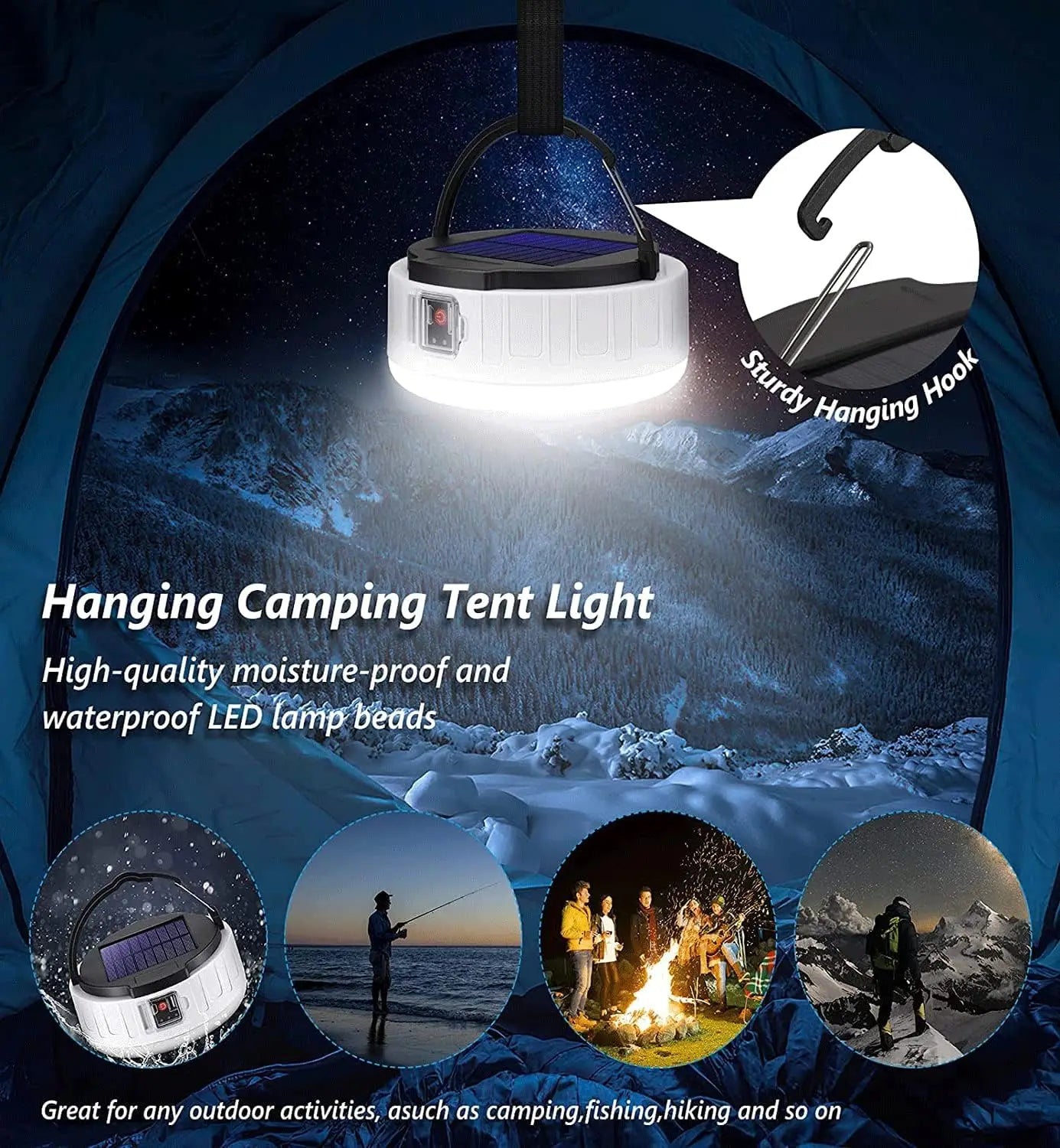 Linterna solar premium para camping y emergencias – Luz LED recargable, batería externa 4400mAh, USB, portátil, resistente al agua, para mesa o colgar, cargador para móvil - Survivalia