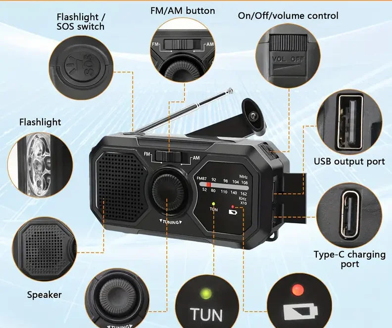 Radio Solar Portátil de Emergencia – Kit de Primeros Auxilios con Dinamo, AM/FM, Estación de Energía para Apagones y Cargador USB - Survivalia