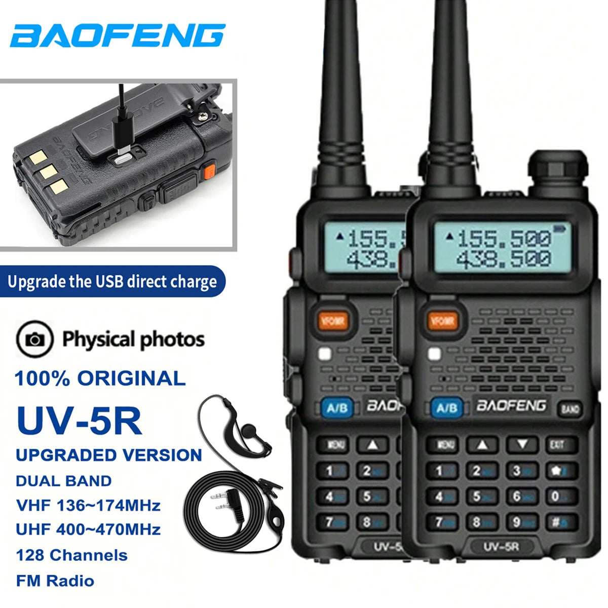 Walkie Talkie Baofeng UV-5R de Largo Alcance – Radio Portátil Bidireccional con USB y FM para Comunicaciones Amateur y Outdoor - Survivalia