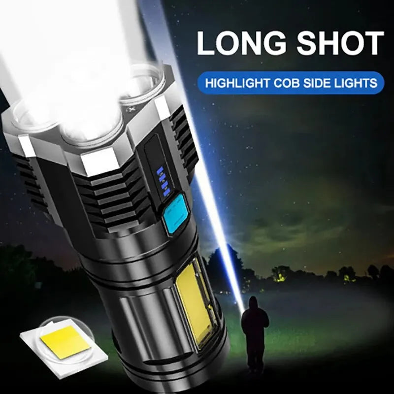 Linterna LED de Alta Potencia para Camping – 4 Leds, Luz Lateral COB, Recargable, Portátil y 4 Modos de Iluminación - Survivalia