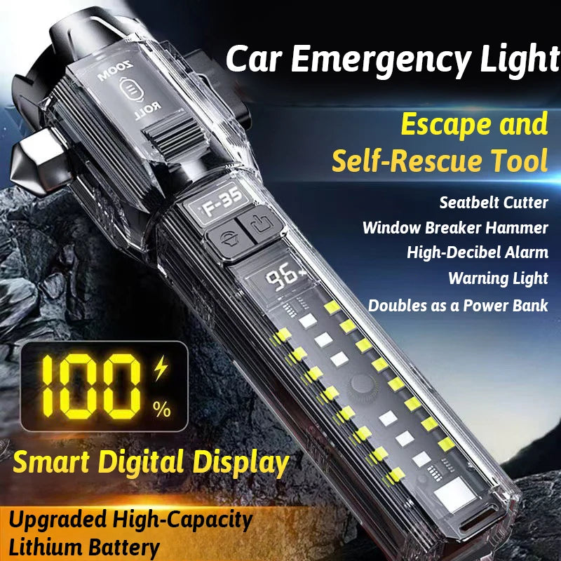 Linterna de Emergencia 6 en 1 para Coche – Linterna Zoom, Power Bank, Rompevidrios, Corta Cinturón y Base Magnética para Camping y Exterior - Survivalia