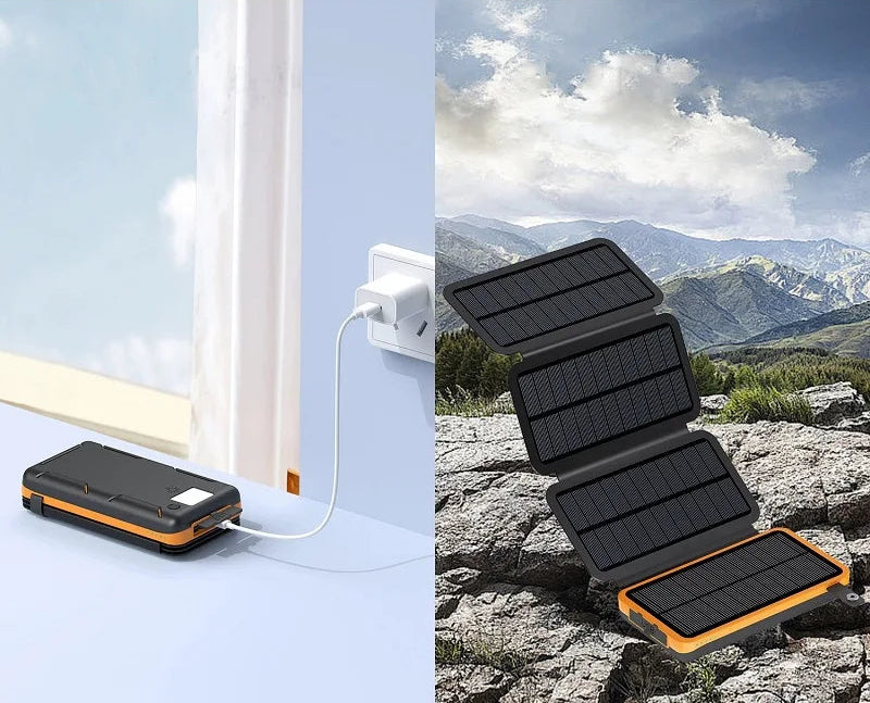 Banco de energía solar 10000mAh con 4 paneles, linterna LED y carga rápida – Power bank portátil para camping, emergencias y apagones - Survivalia