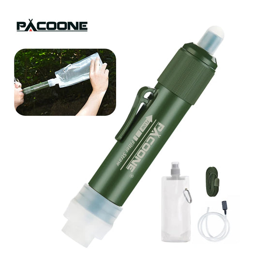 Filtro de Agua Portátil PACOONE Mini – Pajita Purificadora con Bolsa de Agua de Fibra de Carbono para Supervivencia y Emergencias - Survivalia