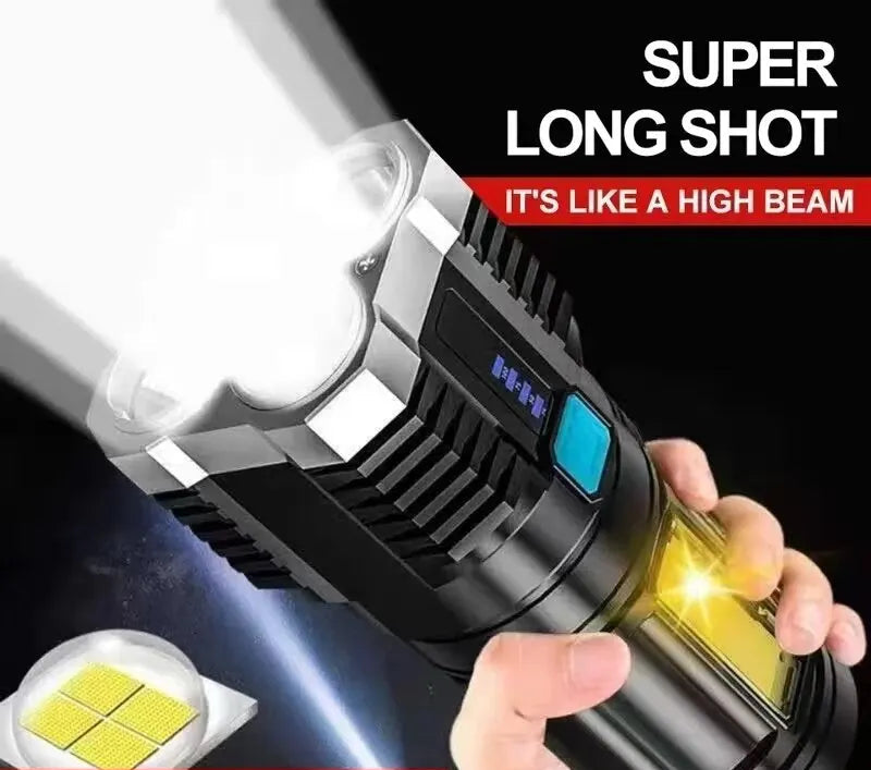 Linterna LED de Alta Potencia para Camping – 4 Leds, Luz Lateral COB, Recargable, Portátil y 4 Modos de Iluminación - Survivalia