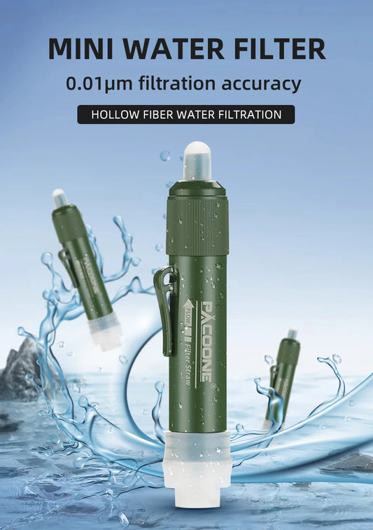 Filtro de Agua Portátil PACOONE Mini – Pajita Purificadora con Bolsa de Agua de Fibra de Carbono para Supervivencia y Emergencias - Survivalia